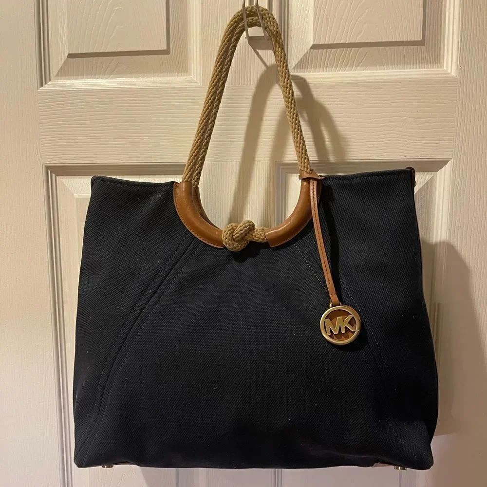 Michael Kors Isla Admiral Blue Ring Shoulder Tote Rope straps brass logo accent